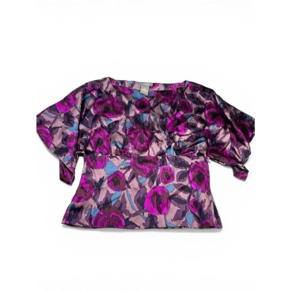 Kenar Silk Blouse Abstract Floral Artsy Lightweight Empire Waist Flowy Shirt M